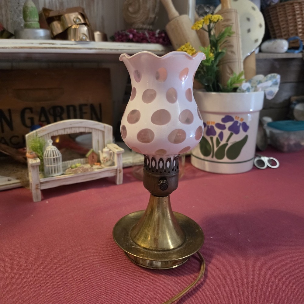 Vintage Fenton Cranberry Coin Dot ruffled glass lamp - Brass Base - Table Lamp